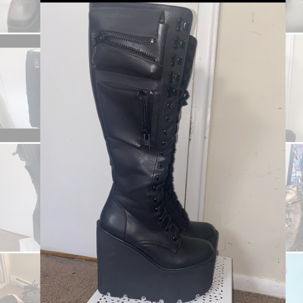 Dollzkill platform knee high combat boots with zipper compartments-